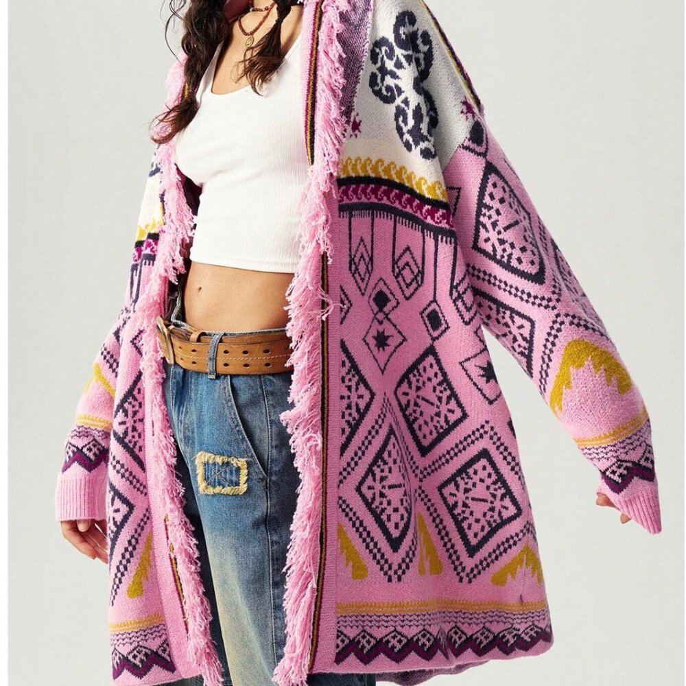 Pink Geometric Aztec Print Fringe Cardigan - Picture 9 of 15